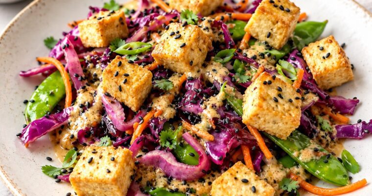 Crispy Tofu & Veggie Stir-Fry with Creamy Cashew-Almond Sauce