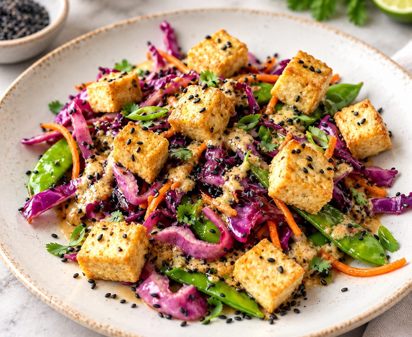 Crispy Tofu & Veggie Stir-Fry with Creamy Cashew-Almond Sauce