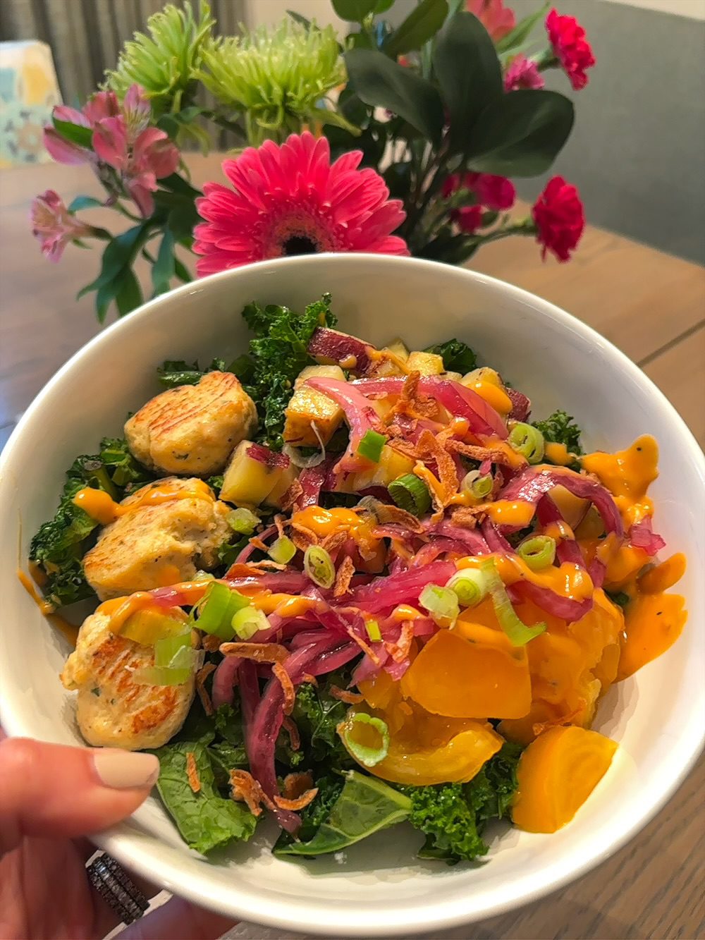 Chicken Meatball, Kale & Sweet Potato Bowl